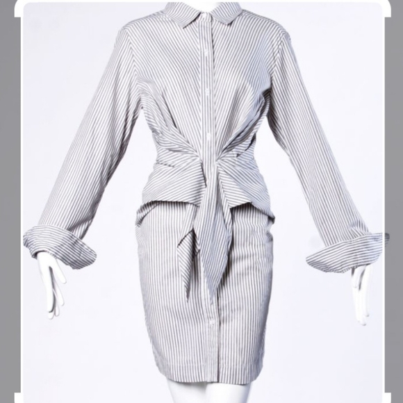 NWT Norma Kamali Vertical Striped Tie Front Shirt Dress - Picture 4 of 10